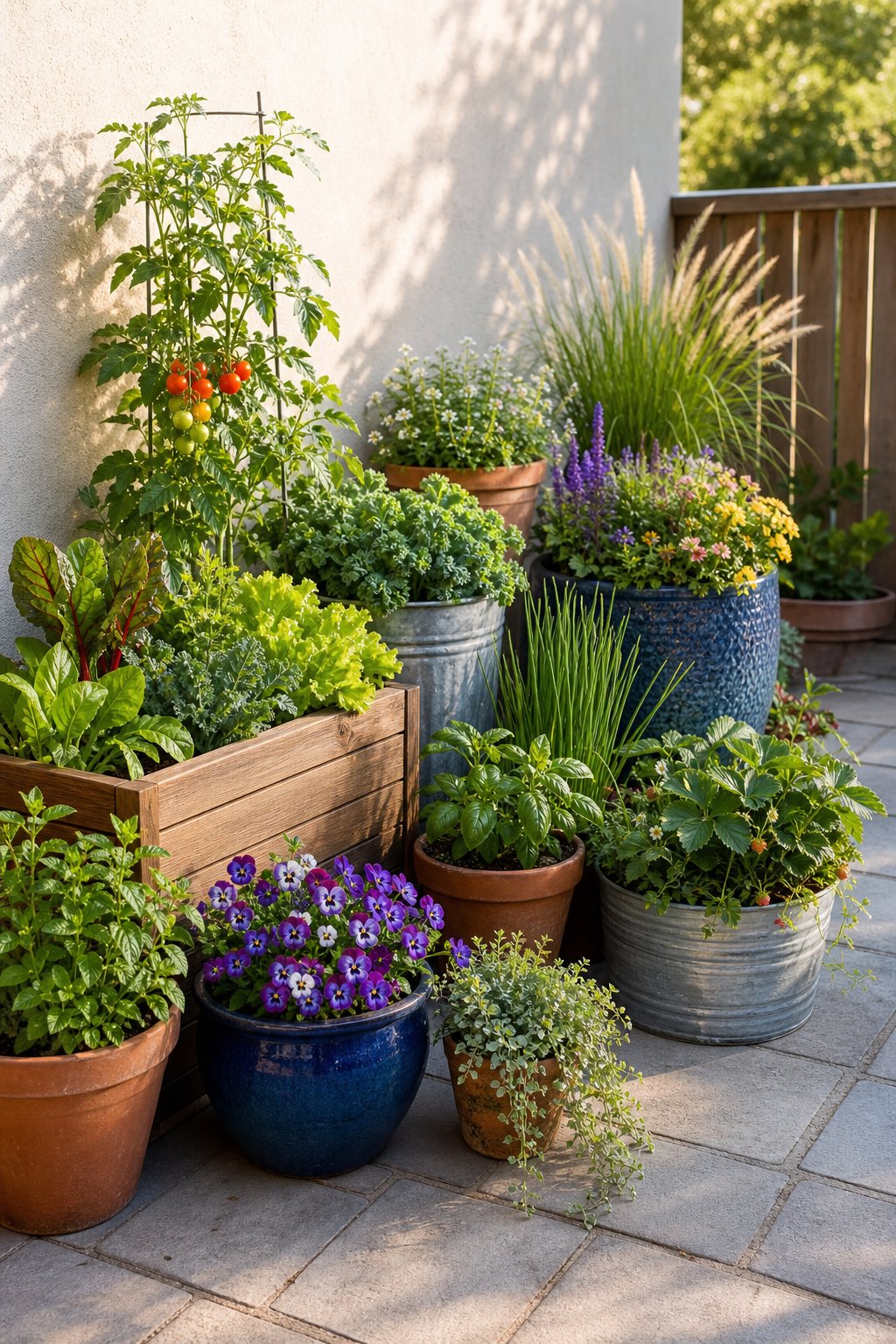 A group of colorful plant containers arranged on a small sunny patio.