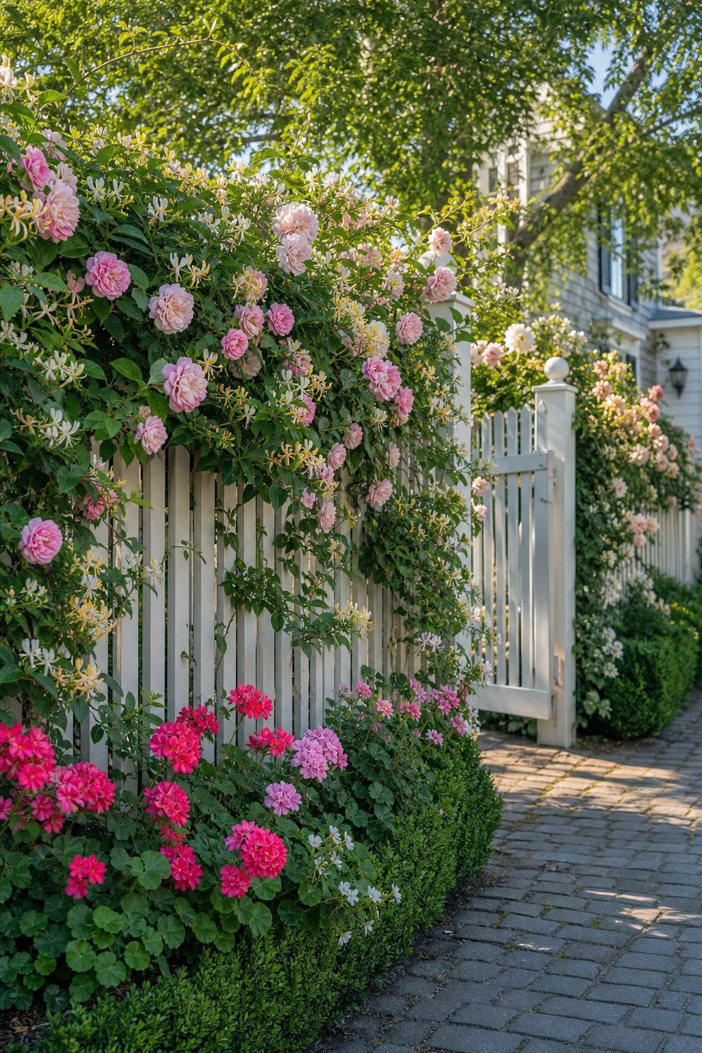 A front-yard fence softened by climbing roses, honeysuckle, and blooming geraniums.