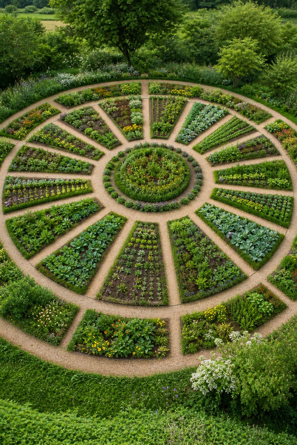 A circular mandala garden with concentric paths and wedge-shaped planting beds filled with lush plants.