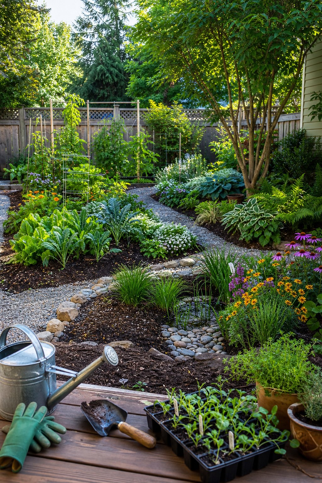 A well-organized garden with plants suited to sunny, shady, dry, and moist areas.