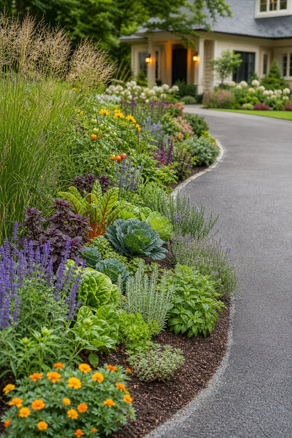 A colorful mixed border of edible plants and flowers lines a residential driveway.