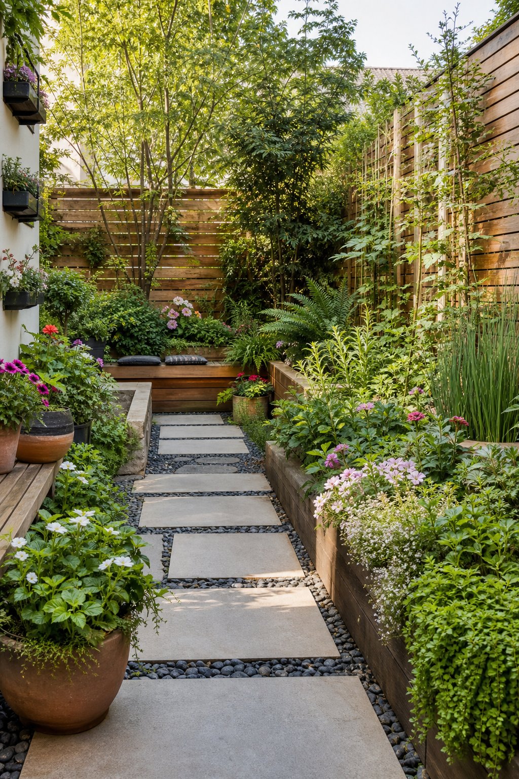A compact garden filled with layered greenery, flowers, planters, and a narrow path.