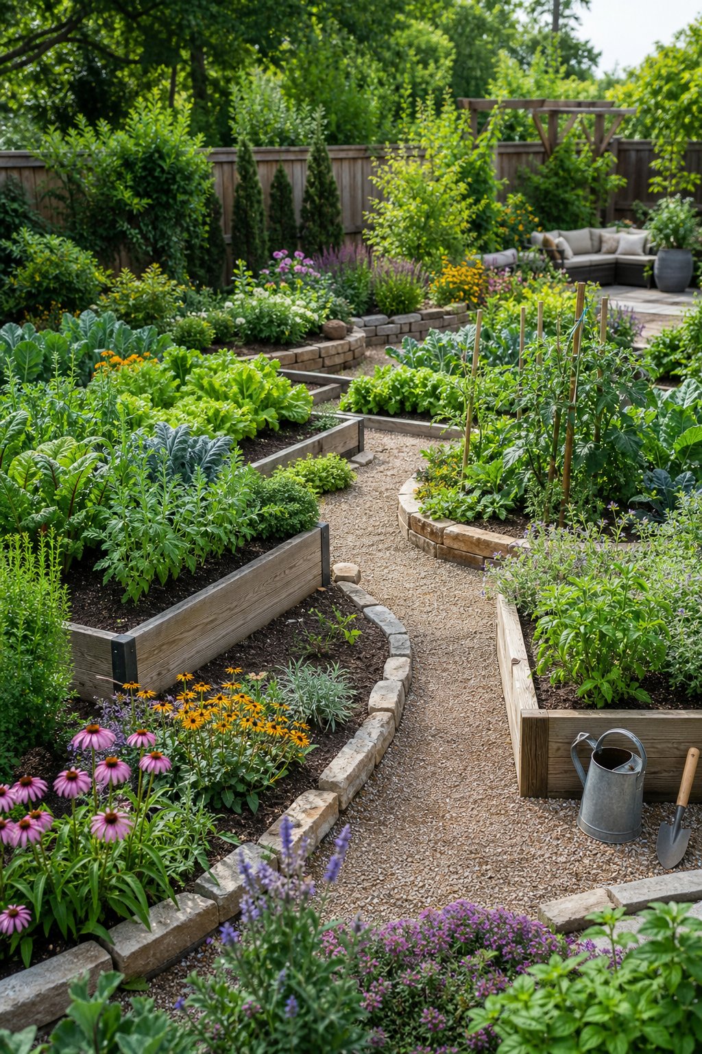 An organized backyard garden with raised beds, curved borders, pathways, vegetables, herbs, and flowering plants.