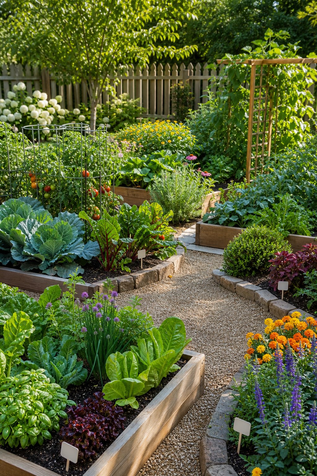 An organized garden with raised beds, pathways, and carefully spaced vegetables, herbs, flowers, and shrubs.