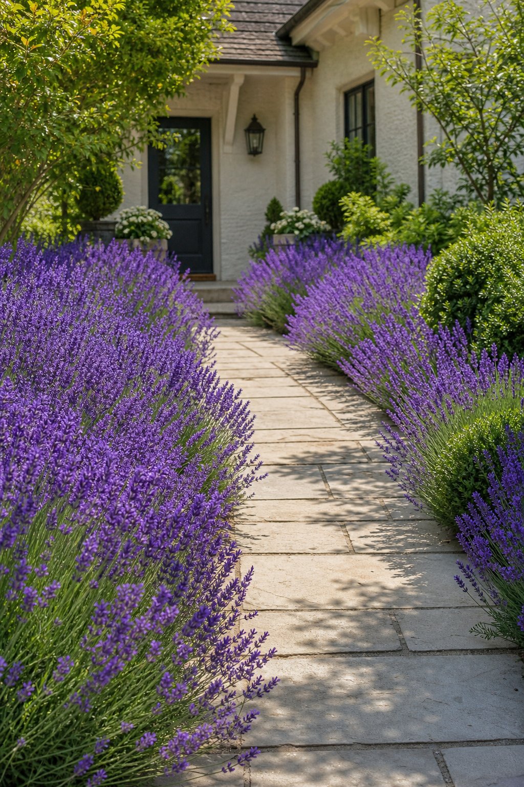 A garden path lined with blooming purple lavender plants leading toward a house entrance.