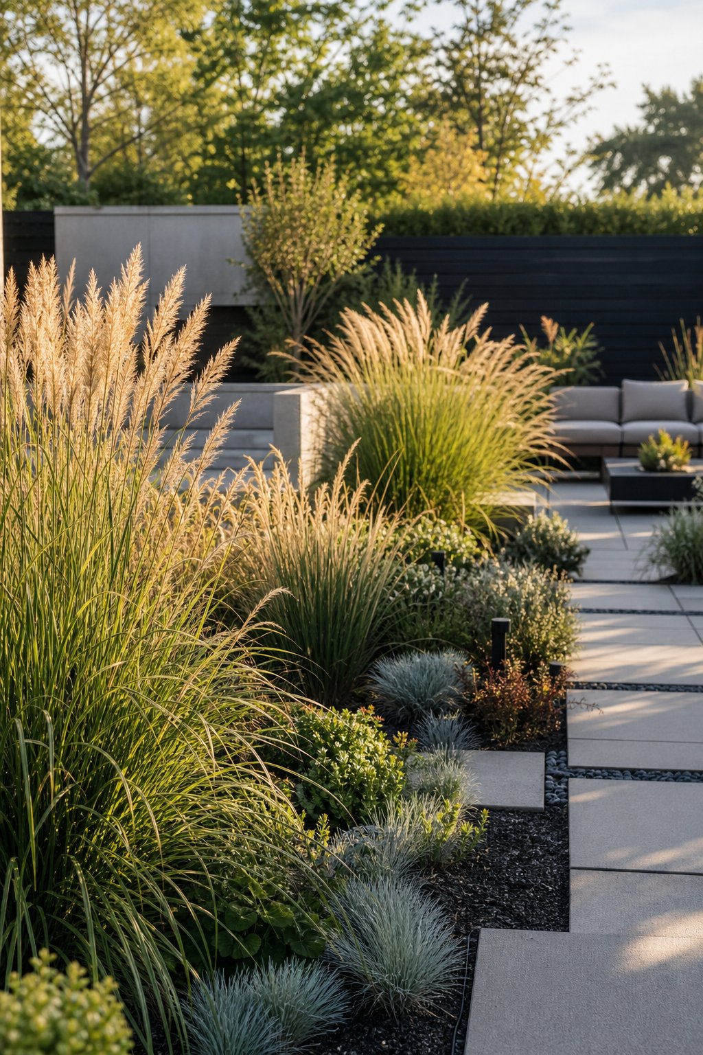 Ornamental grasses arranged beside geometric paver paths in a modern garden.