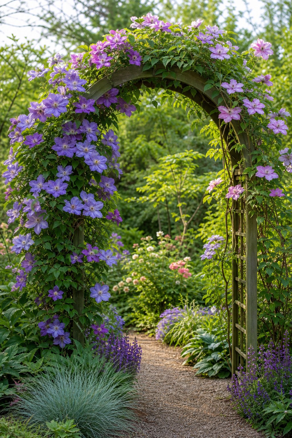 A flowering clematis vine climbs over an arched trellis in a lush garden.