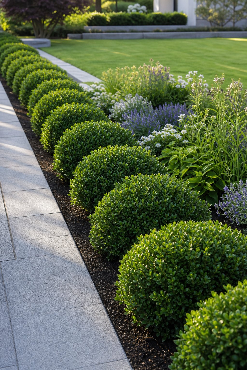 A neat row of rounded green boxwood shrubs forming a formal border along a landscaped garden path.