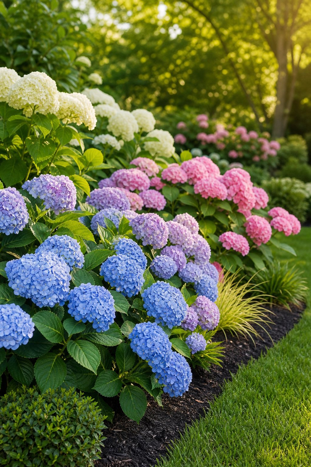 A lush backyard flower bed filled with blooming hydrangeas in blue, pink, purple, and white.