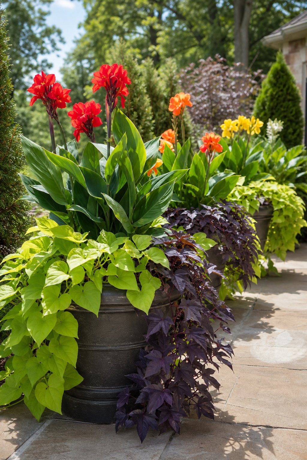 Large planters filled with flowering canna lilies and cascading sweet potato vines on a sunny garden patio.