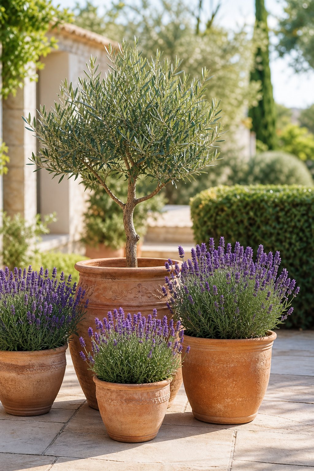 A small olive tree and blooming lavender plants in terracotta pots on a sunny garden patio.