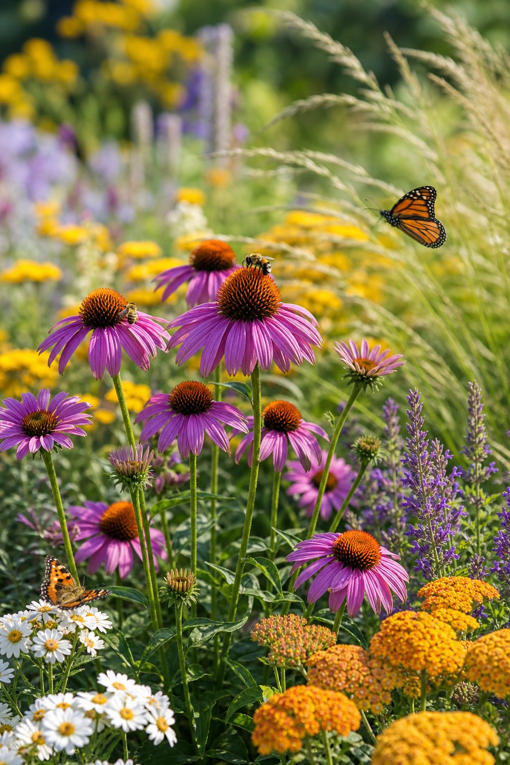 Purple coneflowers bloom in a sunny garden with bees and butterflies among other flowering plants.