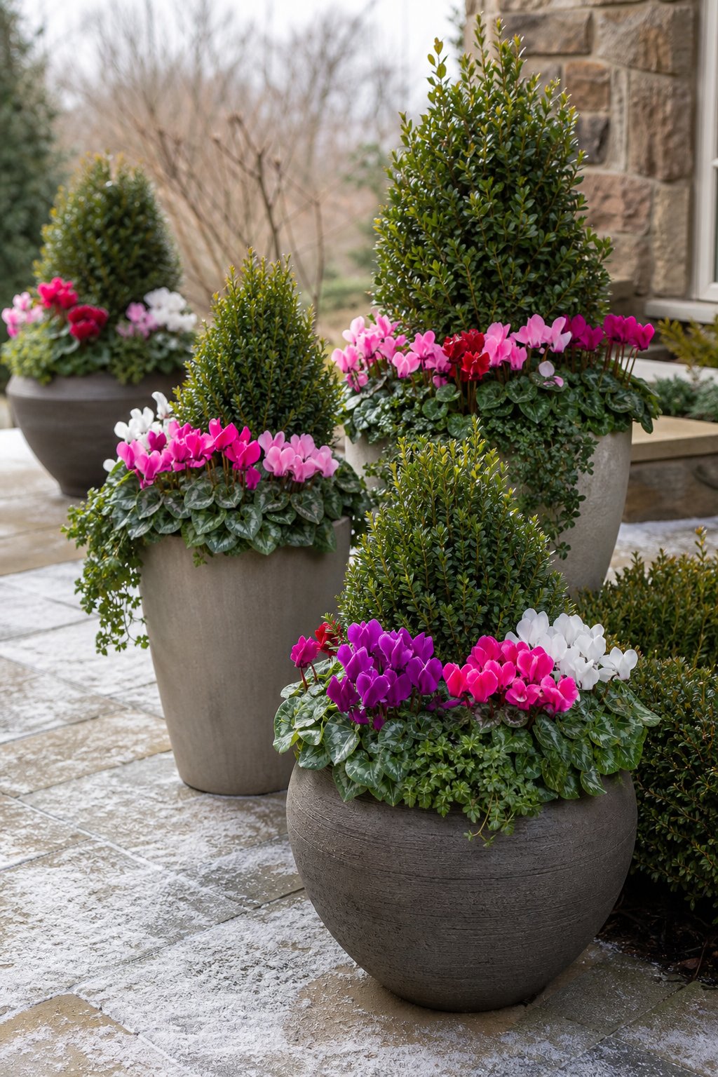 Evergreen shrubs and colorful cyclamen blooming in winter containers on a garden patio.