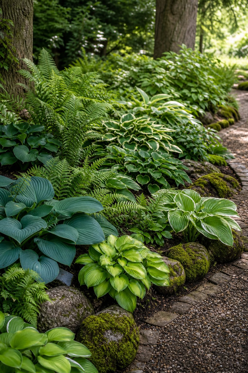 A shady garden corner filled with lush hostas, ferns, mossy stones, and dappled sunlight.