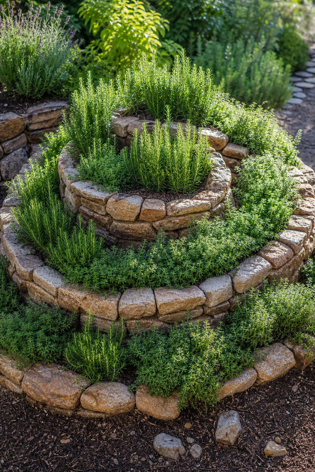A spiral stone herb garden filled with rosemary and thyme plants.