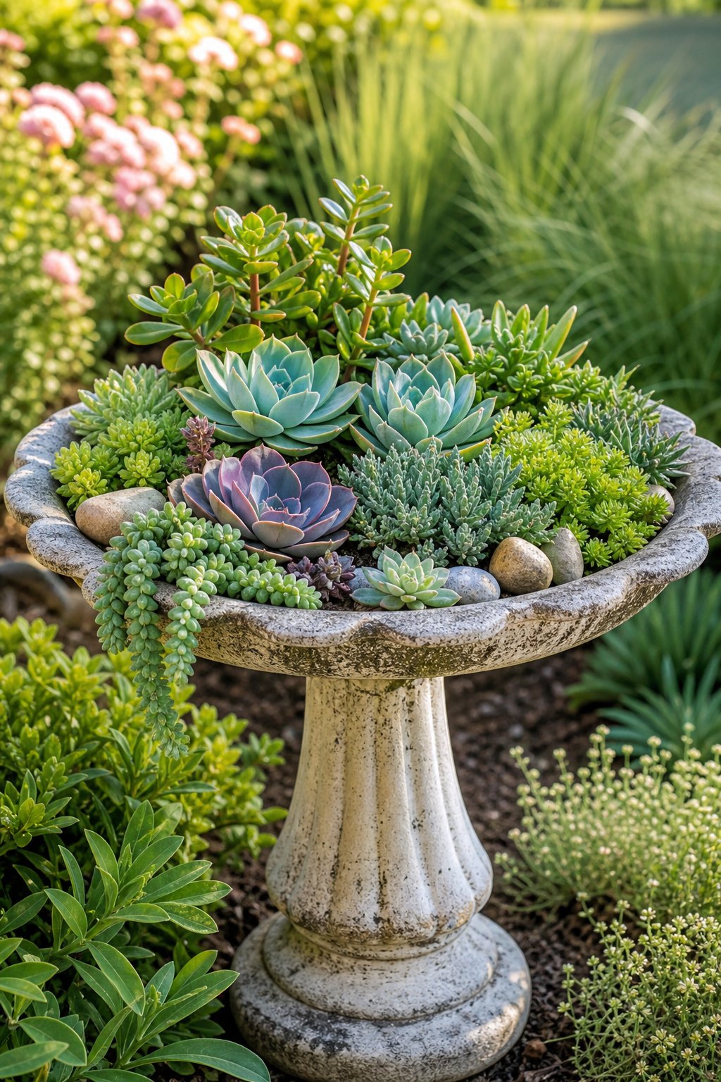 A vintage birdbath filled with an assortment of succulents in a garden.