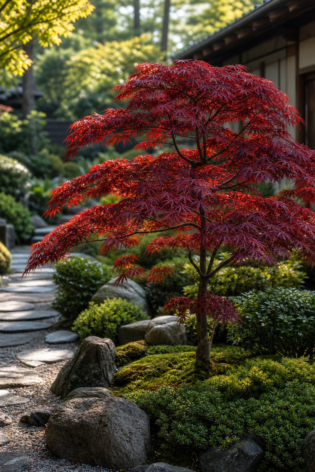 A dwarf Japanese maple with burgundy foliage stands as the centerpiece of a landscaped garden bed.