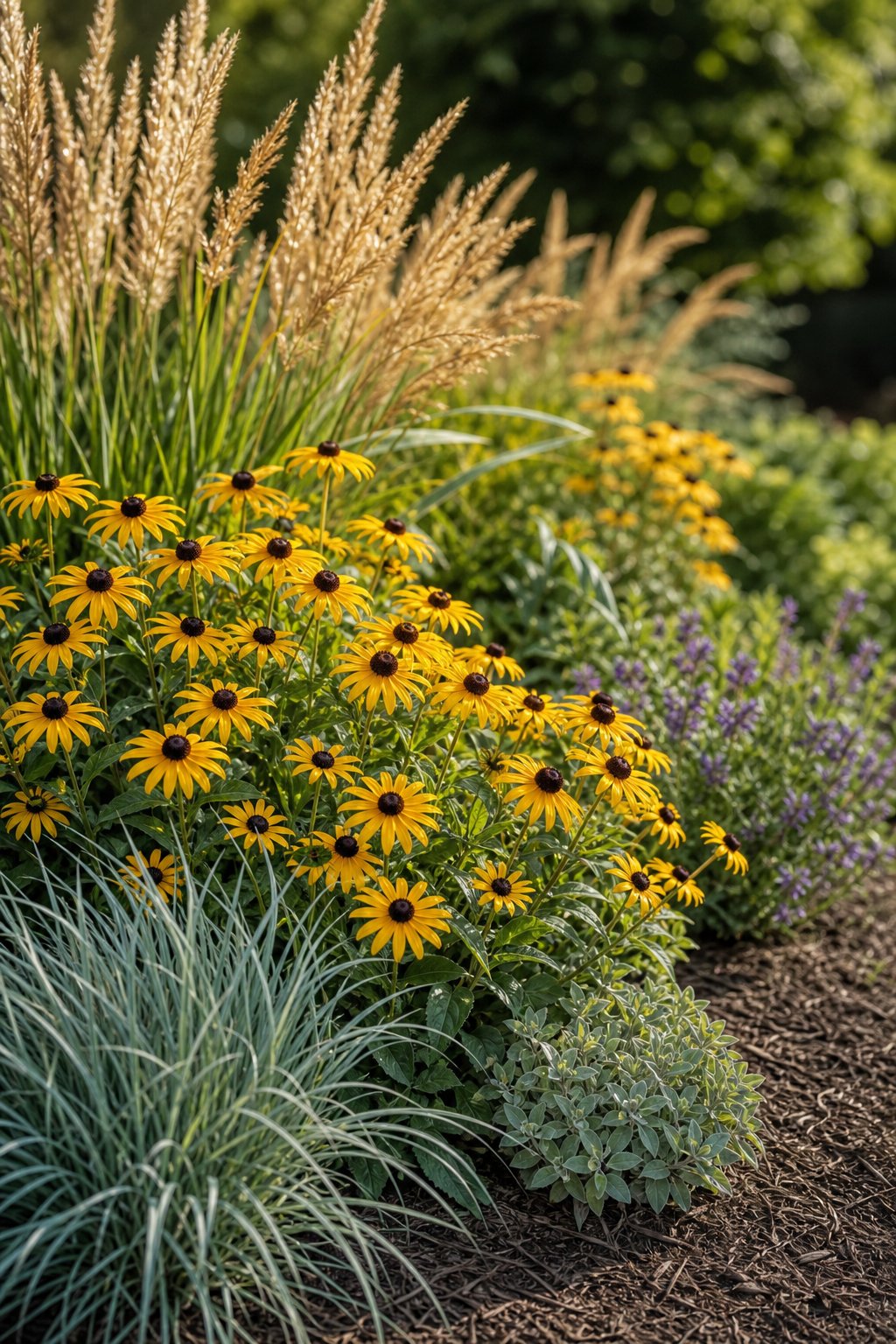 Golden Black-Eyed Susans blooming in a mixed garden border with grasses and green foliage.