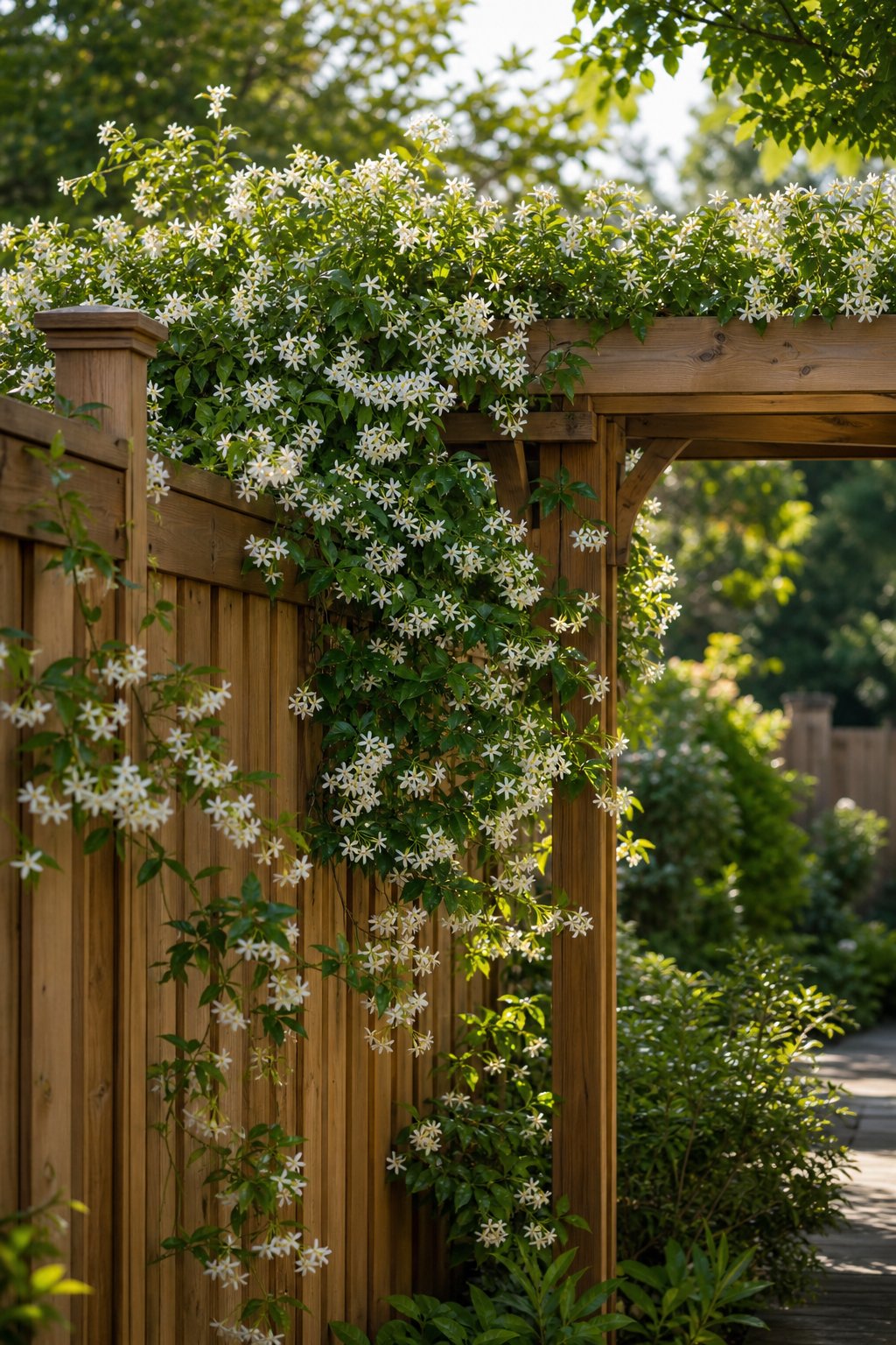 White jasmine flowers and green vines growing across a wooden privacy fence and garden pergola.