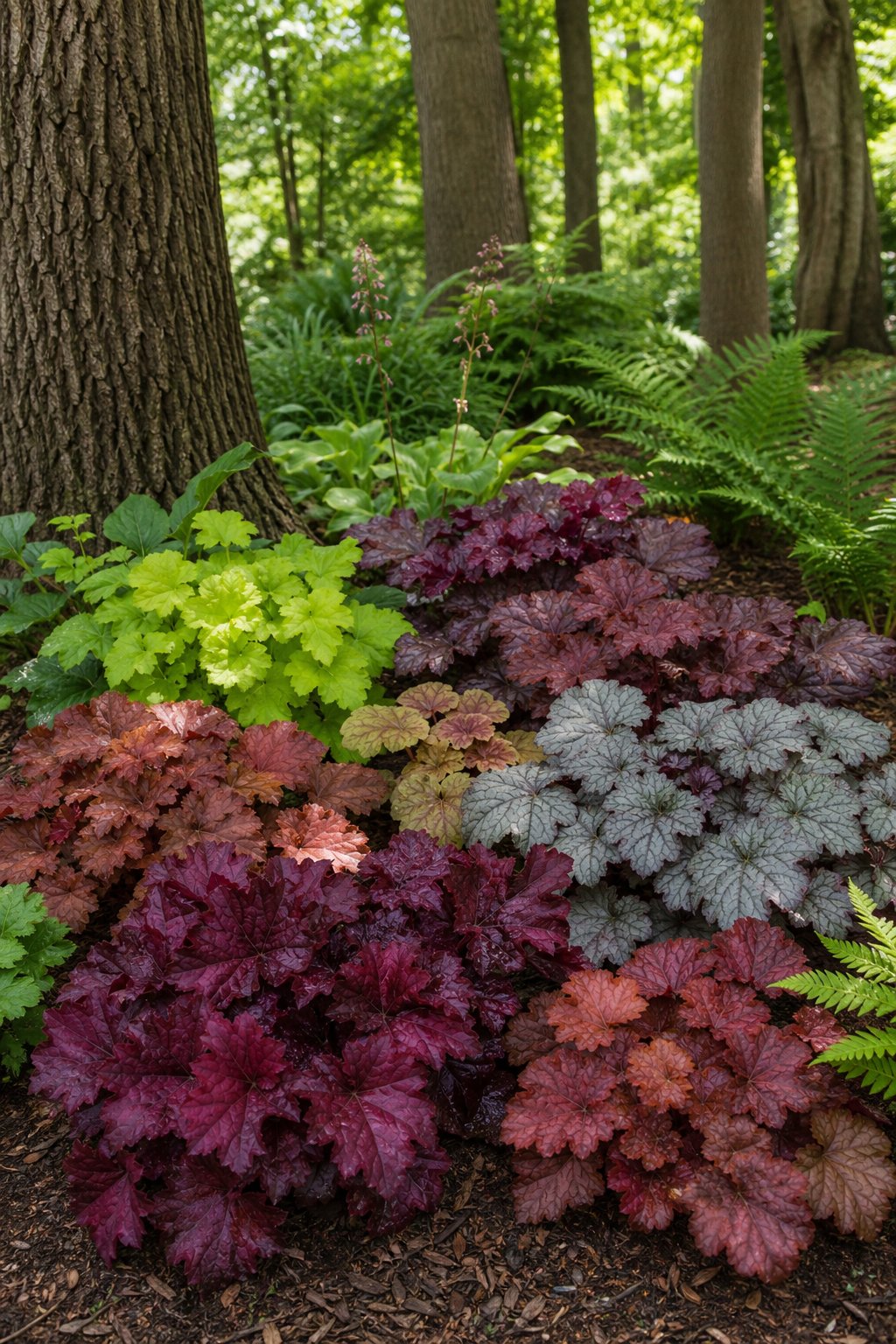 Colorful coral bells plants growing beneath mature trees in dappled shade.