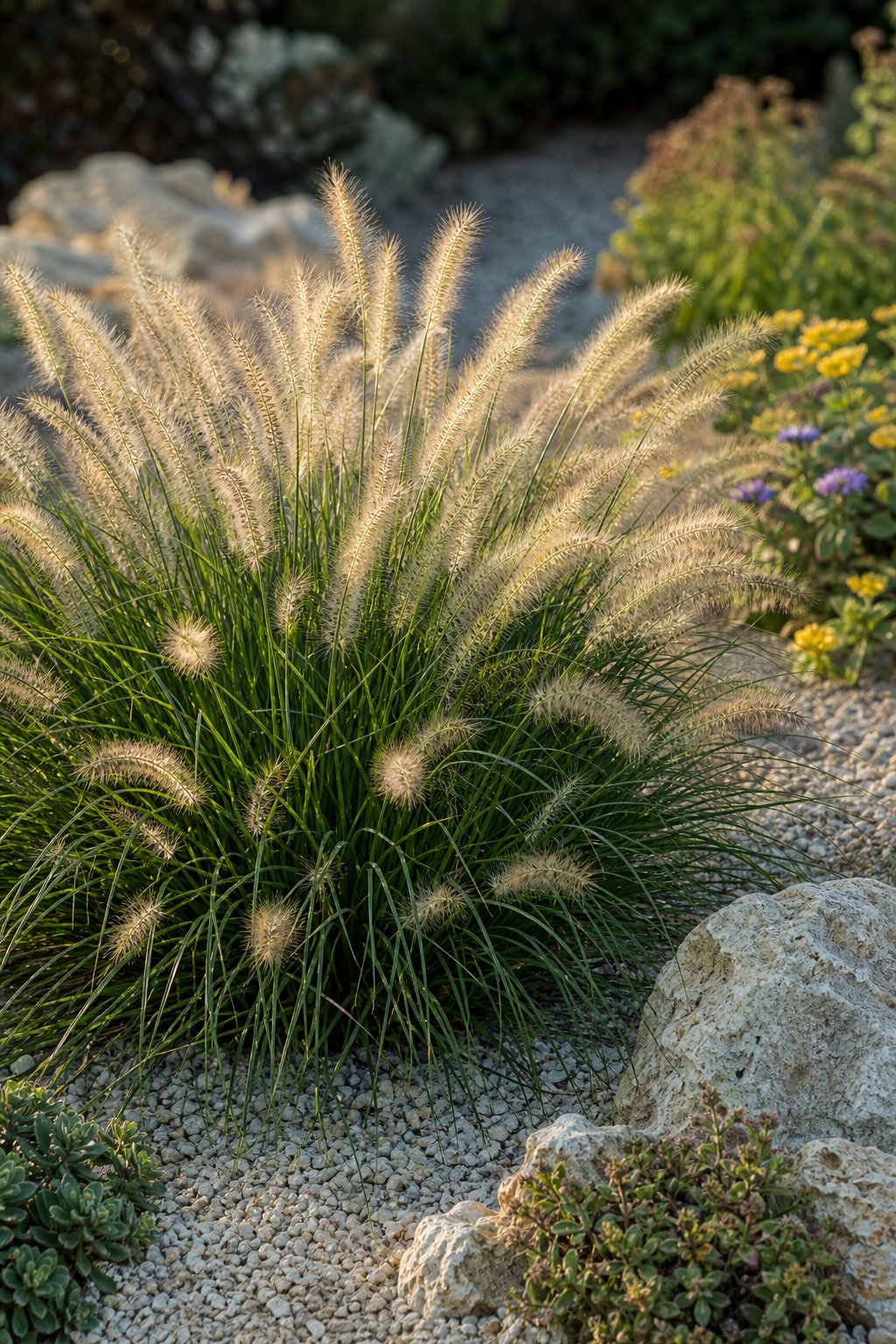 Dwarf fountain grass with feathery plumes growing in a gravel garden.