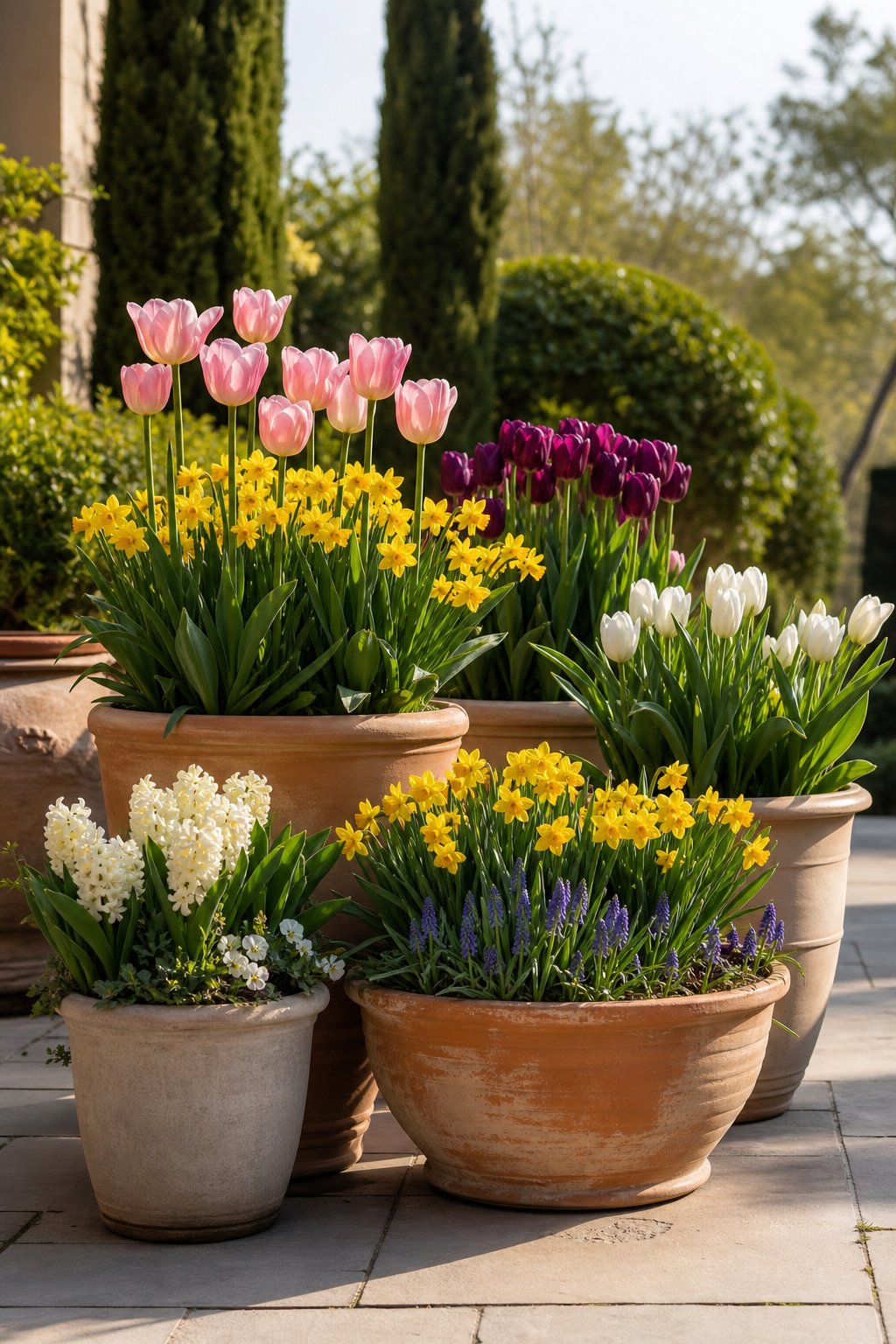 Layered containers filled with blooming tulips and yellow daffodils in a sunny garden setting.