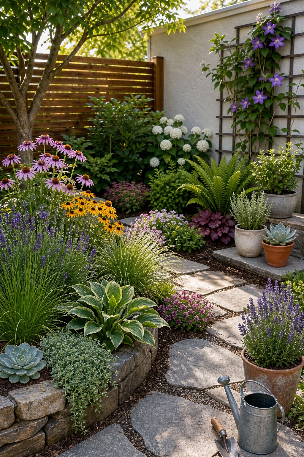 A diverse residential garden with flowering plants, shrubs, grasses, herbs, and potted greenery arranged in distinct spaces.