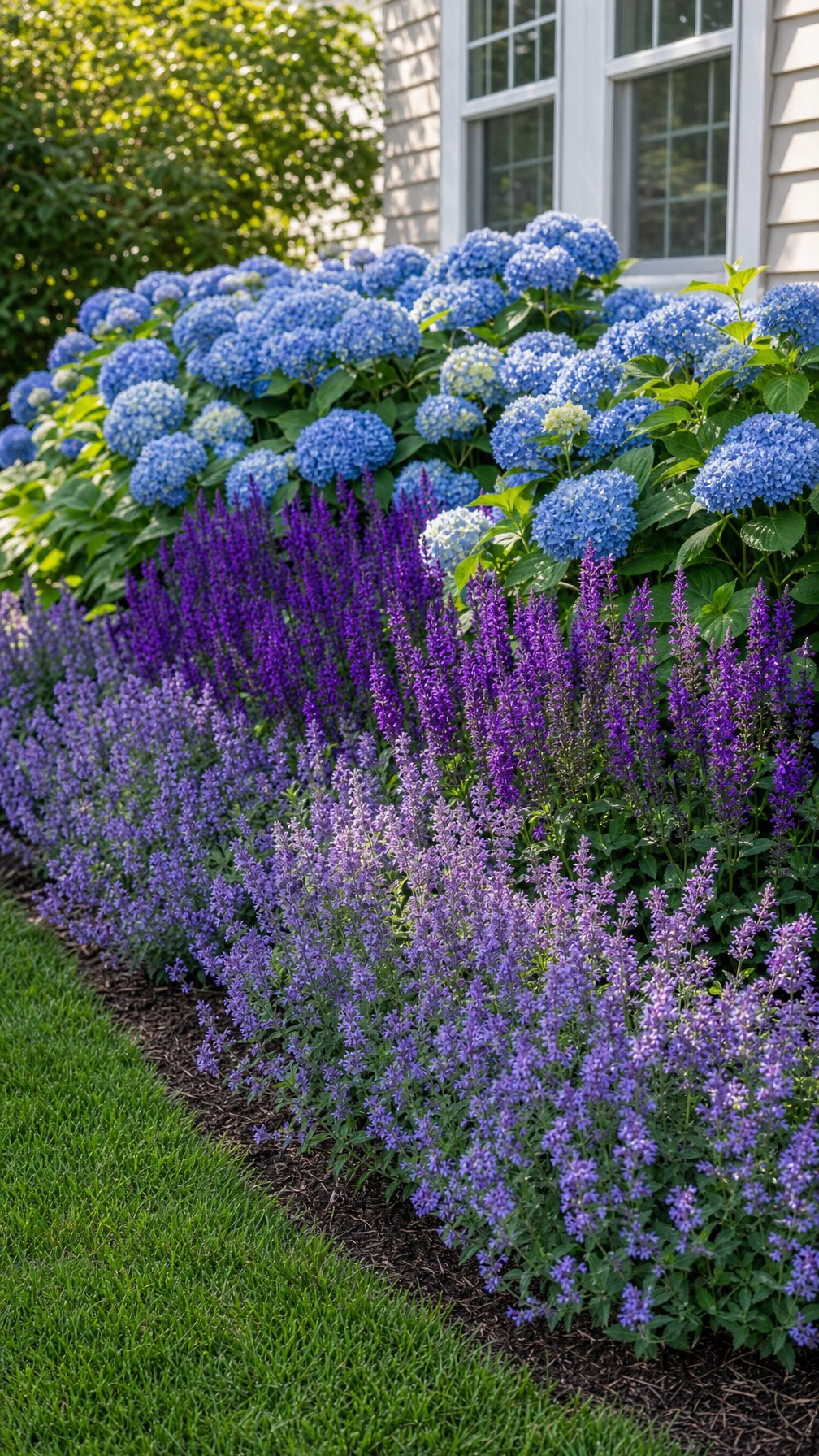A layered garden border with blue hydrangeas, purple salvia, and lavender nepeta.