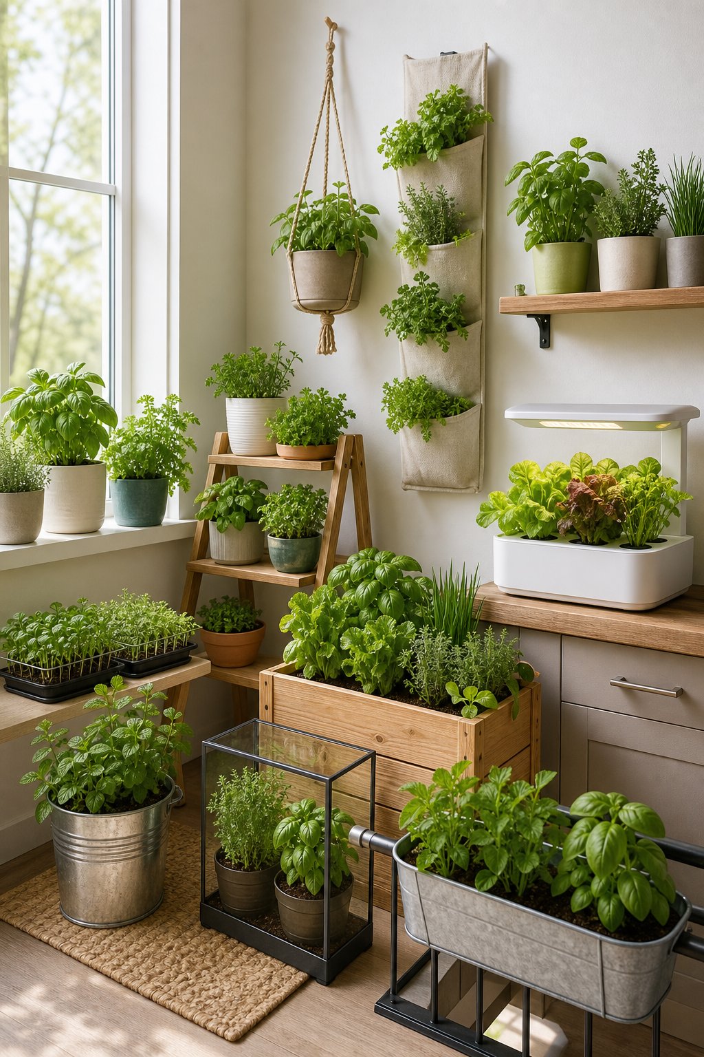 A bright compact kitchen corner displaying several small herb and vegetable gardens in pots, shelves, hanging planters, and trays.