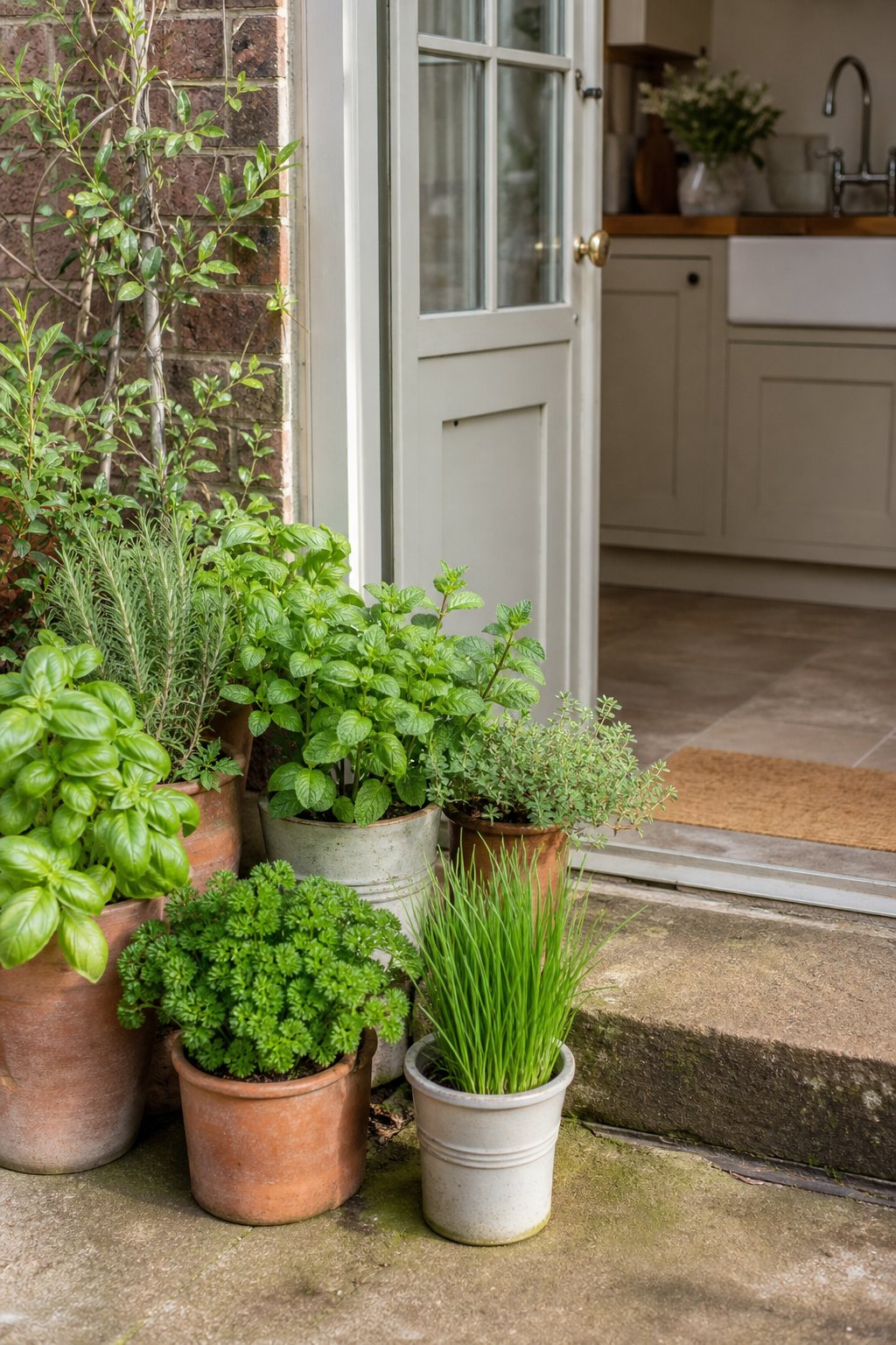Small herb pots arranged beside a kitchen door.