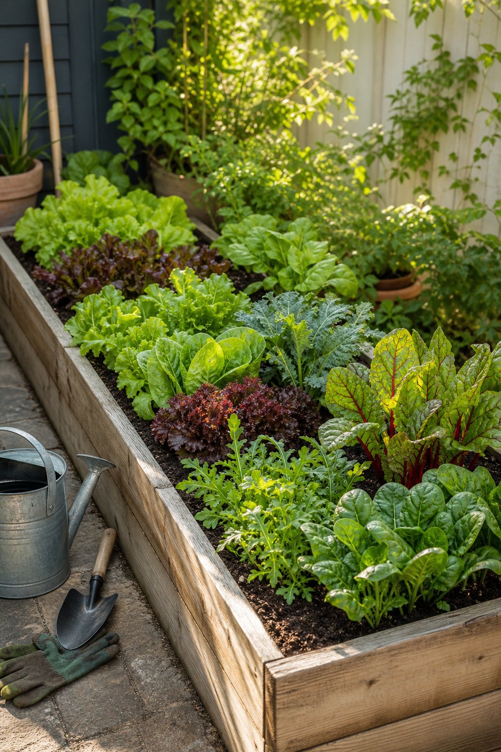 A narrow wooden raised bed filled with leafy salad greens in a small garden.