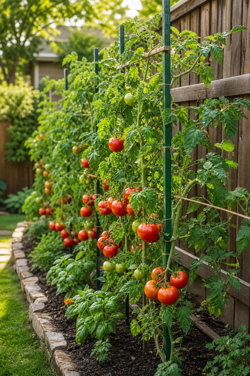 Trellised tomato plants growing along a sunny garden fence.