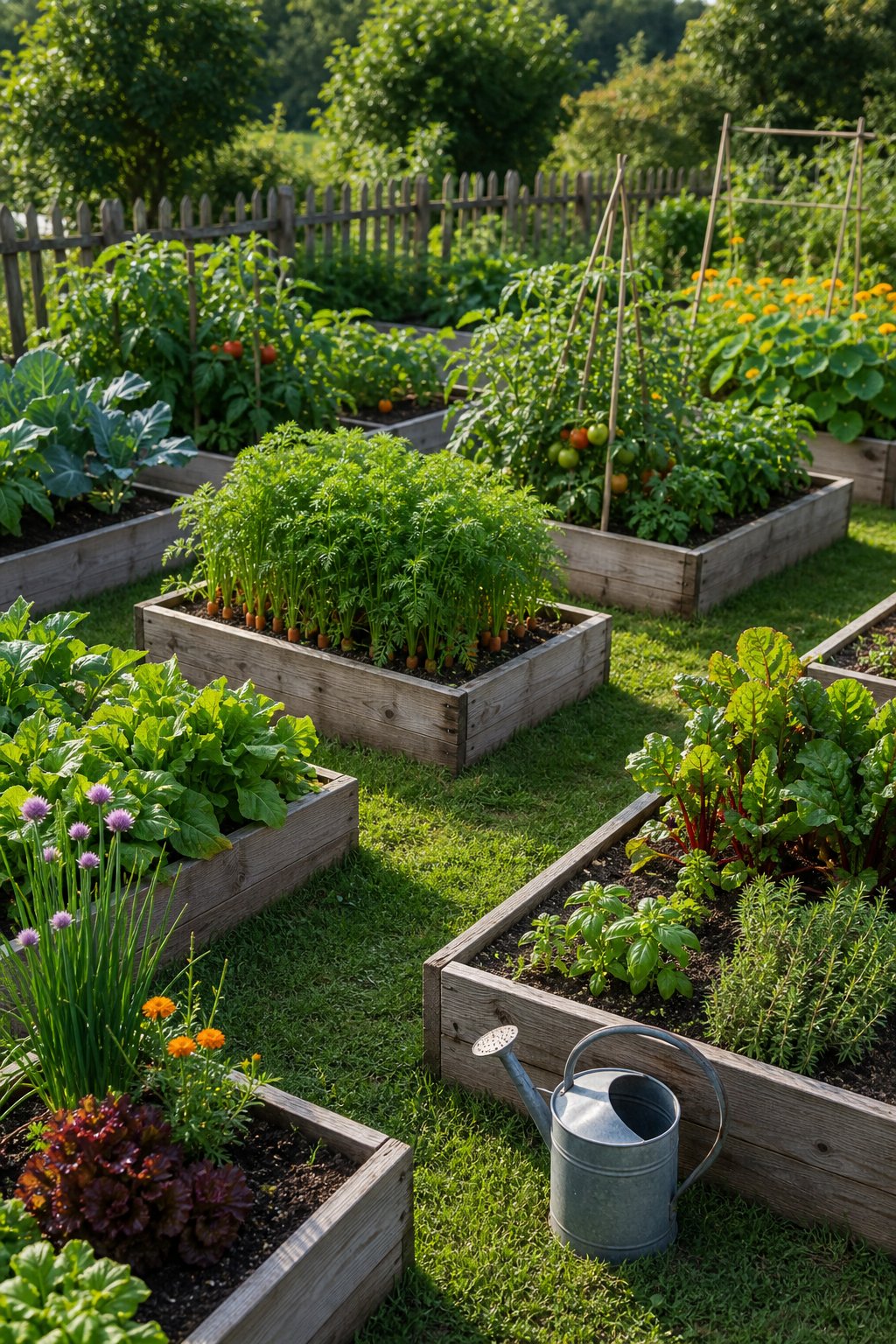 Raised vegetable beds filled with plants and separated by green grass pathways.