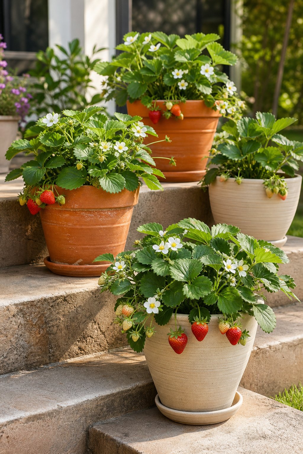 Strawberry plants in containers arranged on sunny patio steps.