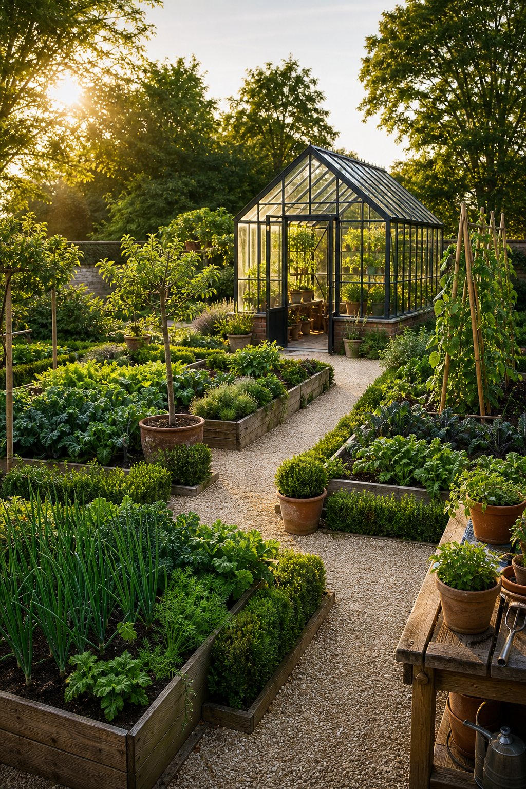 A glass greenhouse surrounded by symmetrical raised vegetable beds and gravel paths in a neatly designed garden.