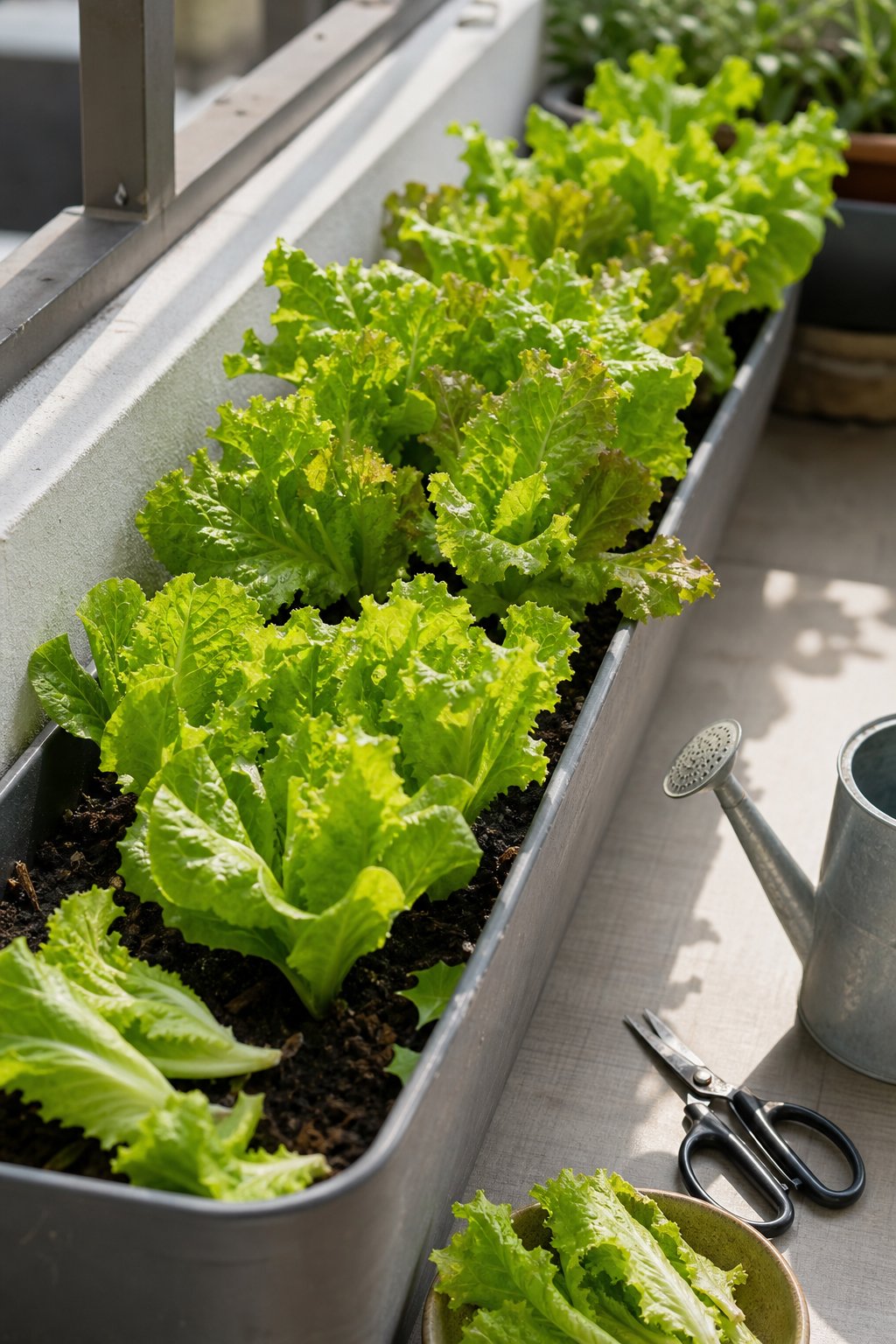 A narrow planter filled with healthy leafy lettuce growing on a small balcony or patio.