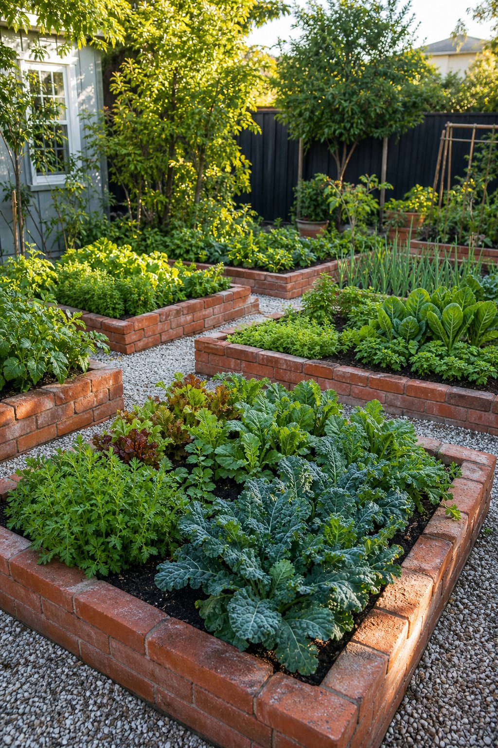 A backyard kitchen garden with leafy vegetables growing in raised beds bordered by red bricks.
