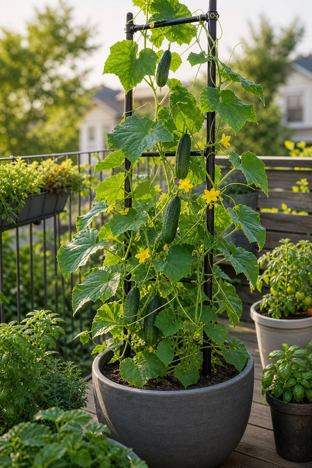 A cucumber plant growing up a trellis in a large container on a small patio garden.
