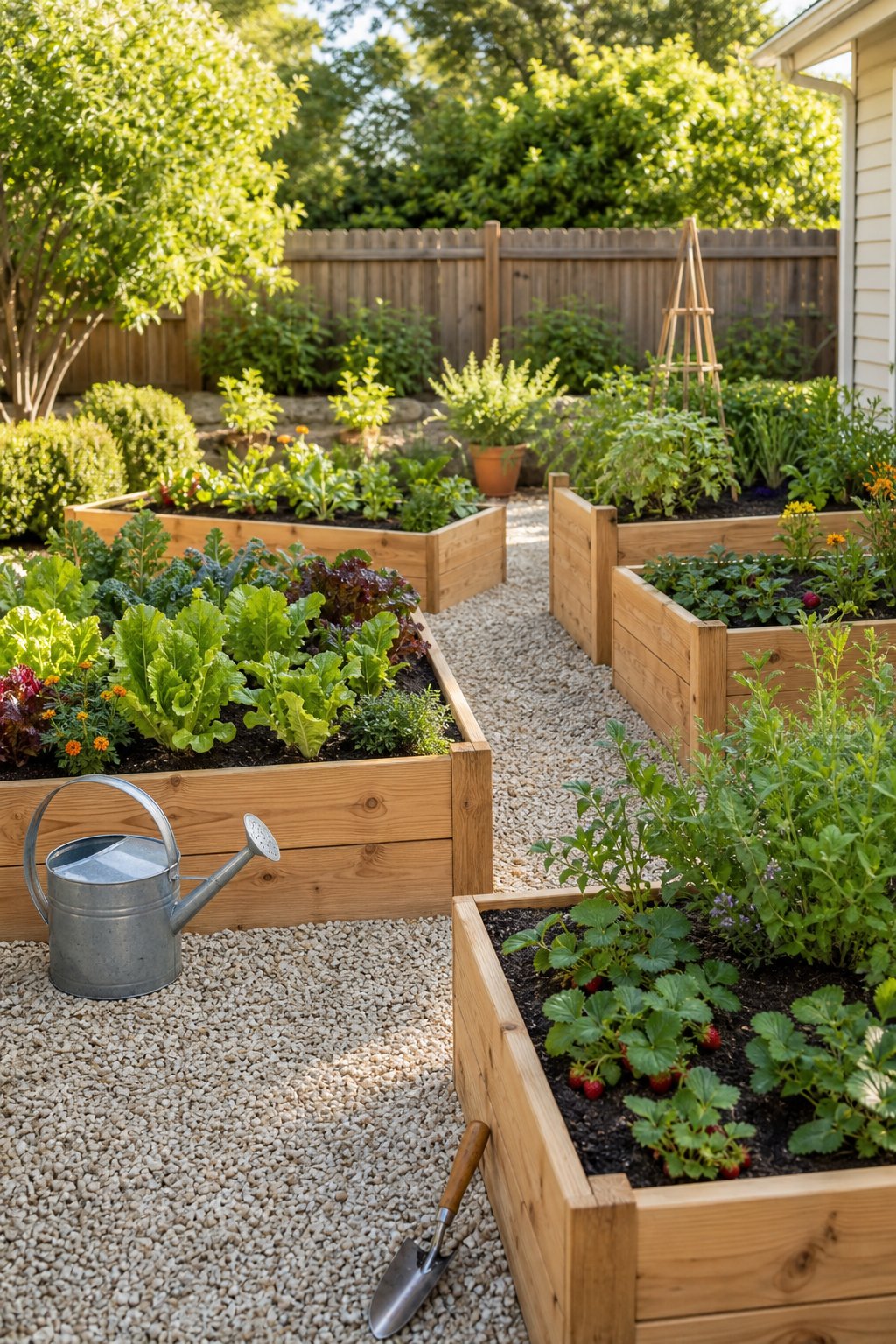 A kitchen garden with cedar raised beds, vegetable plants, and gravel paths.