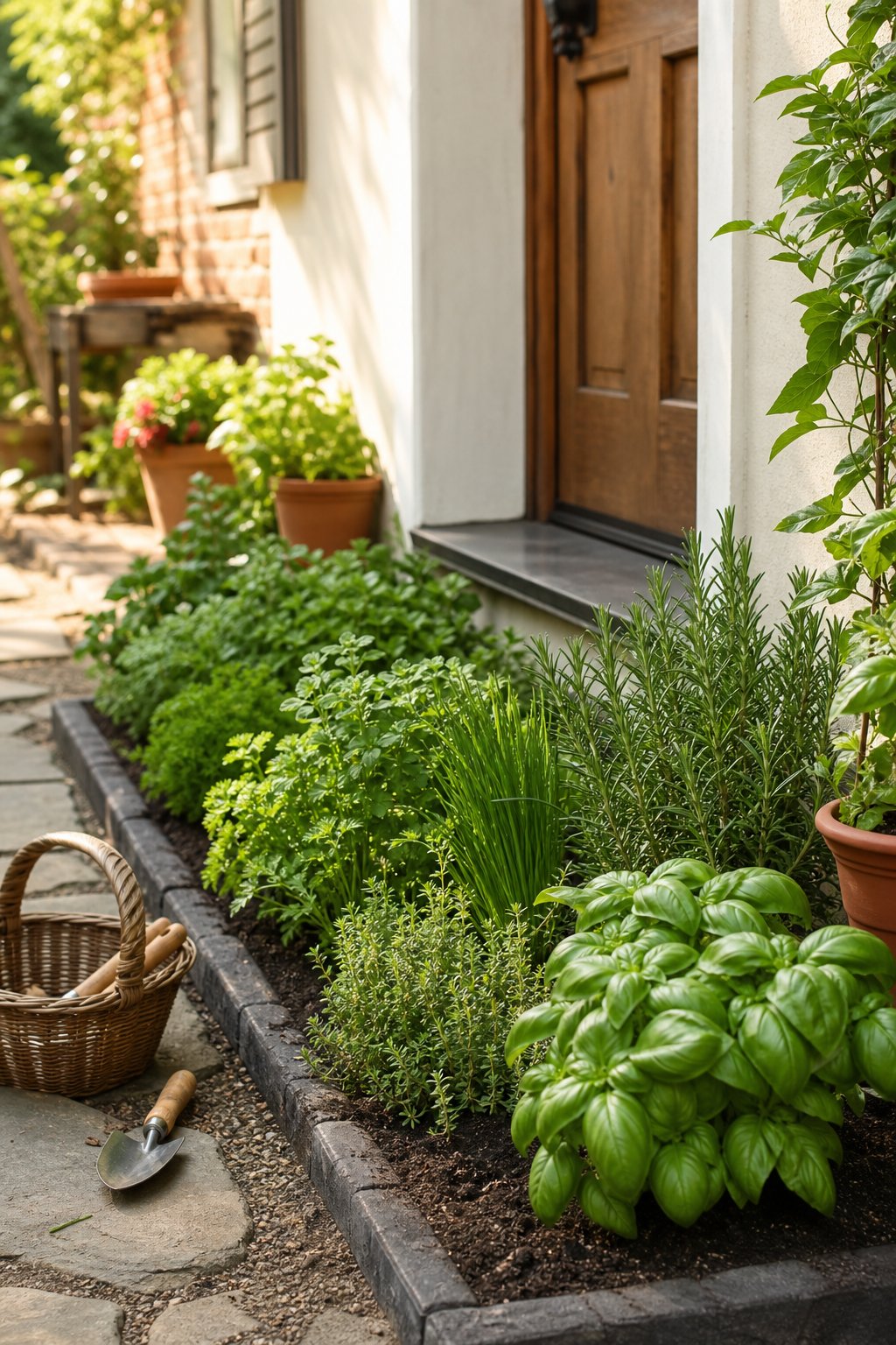A compact herb garden grows beside a home's back door.