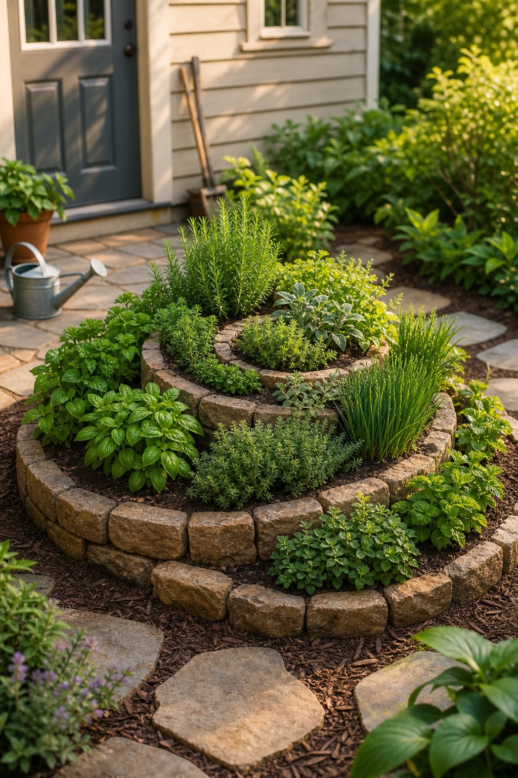 A tiered herb spiral garden beside a home’s back door, filled with assorted green culinary herbs.