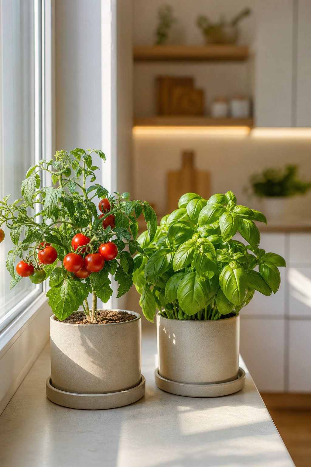 A cherry tomato plant and a basil plant growing in two containers on a sunny kitchen windowsill.
