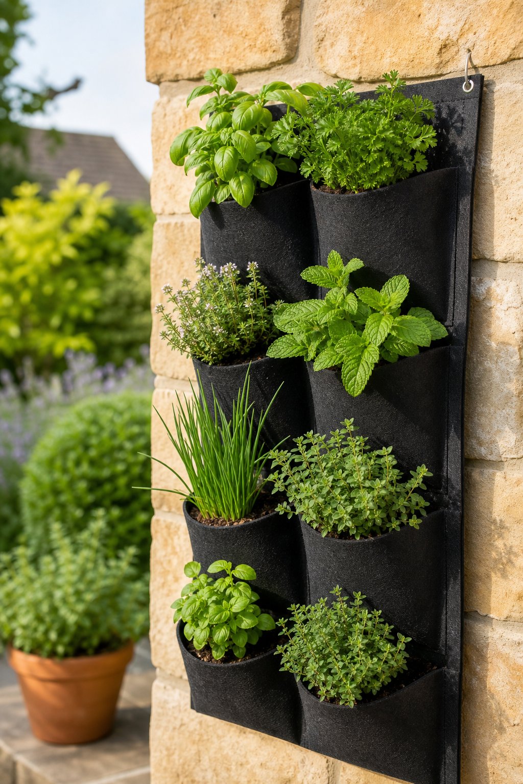 A vertical planter filled with fresh herbs hangs on a sunlit garden wall.