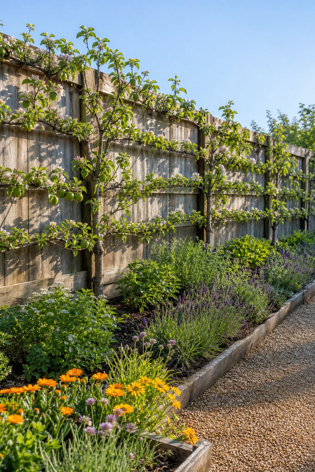 Espaliered fruit trees grow along a sunny fence beside a tidy kitchen garden.