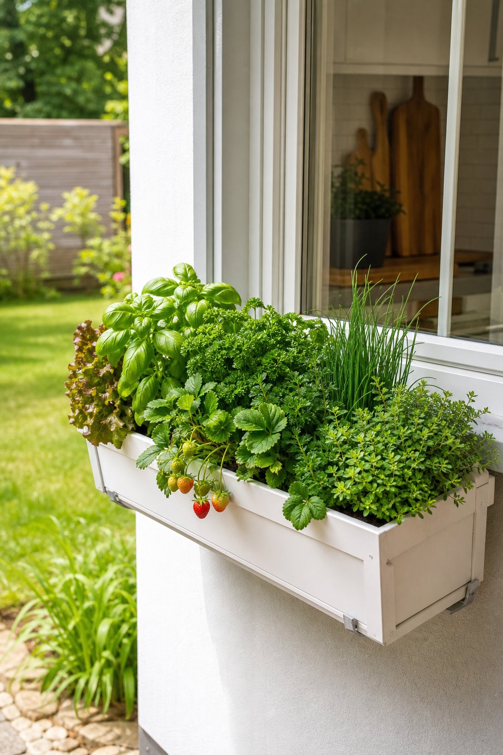 An edible window box filled with herbs and small vegetables overlooks a sunny backyard.
