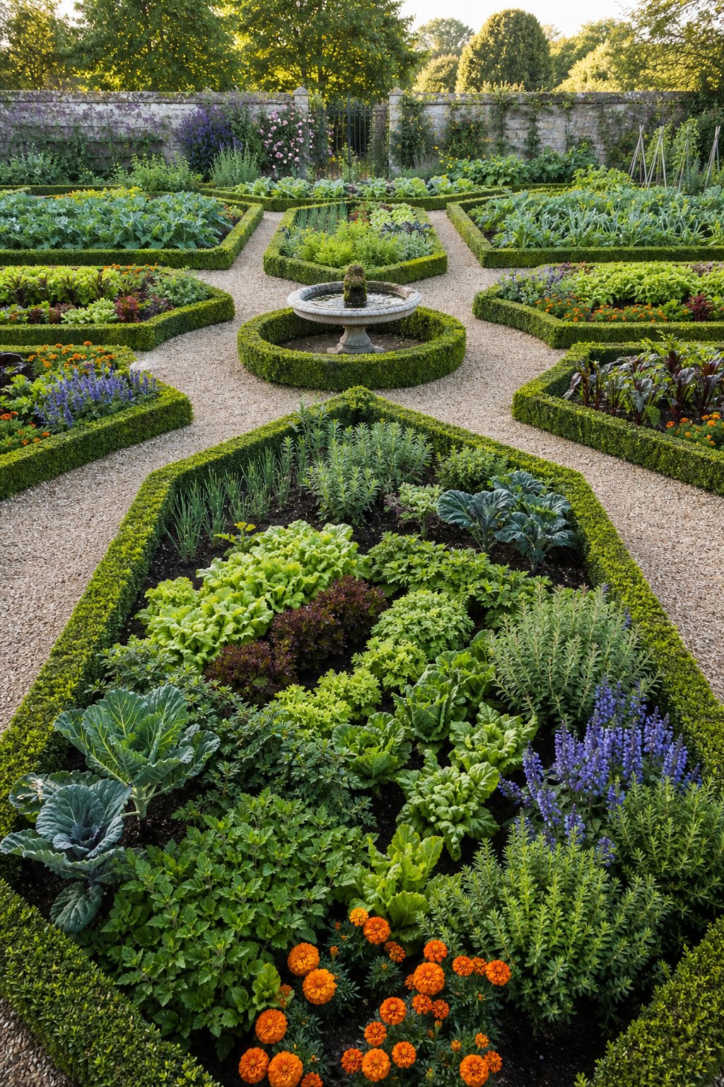 A formal kitchen garden with geometric planting beds edged by clipped boxwood and filled with vegetables, herbs, and flowers.