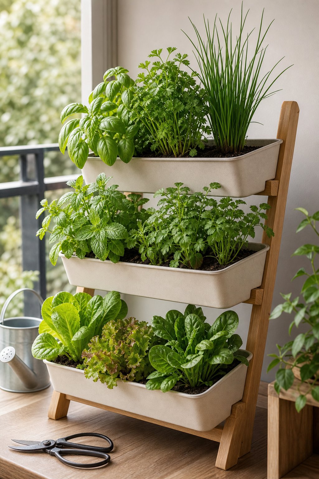 A tiered planter filled with fresh herbs and leafy greens beside a bright kitchen window.