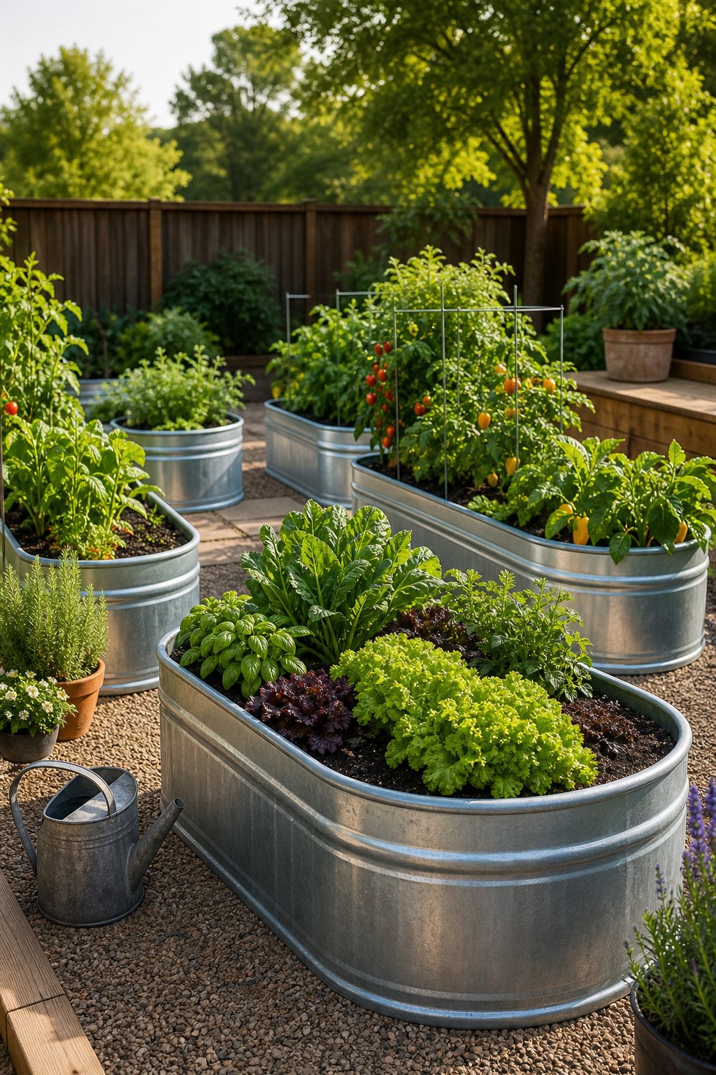 Galvanized metal planters filled with vegetables and herbs in a tidy garden.