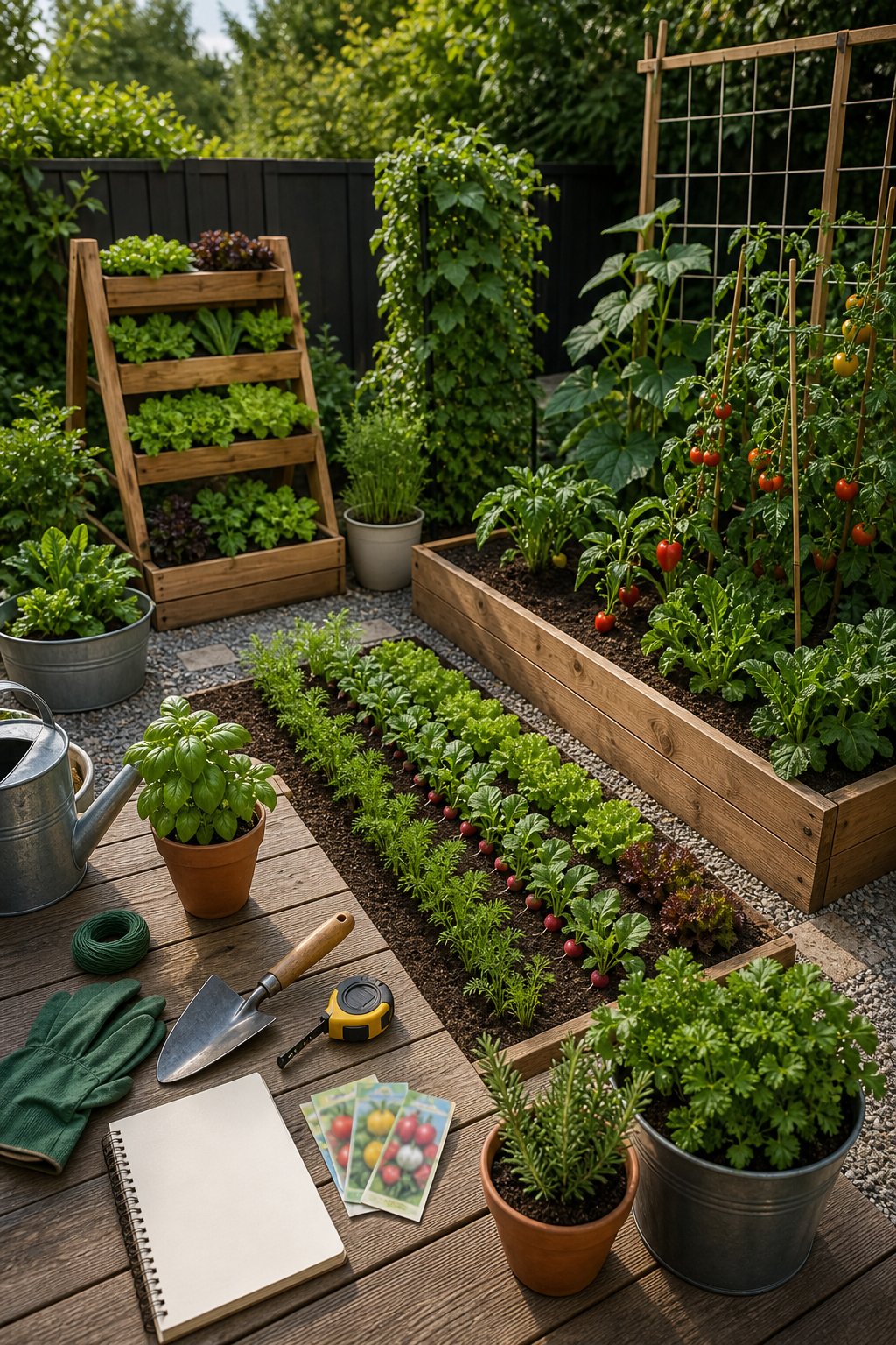 A compact kitchen garden with raised beds, containers, trellises, herbs, vegetables, and basic gardening tools.