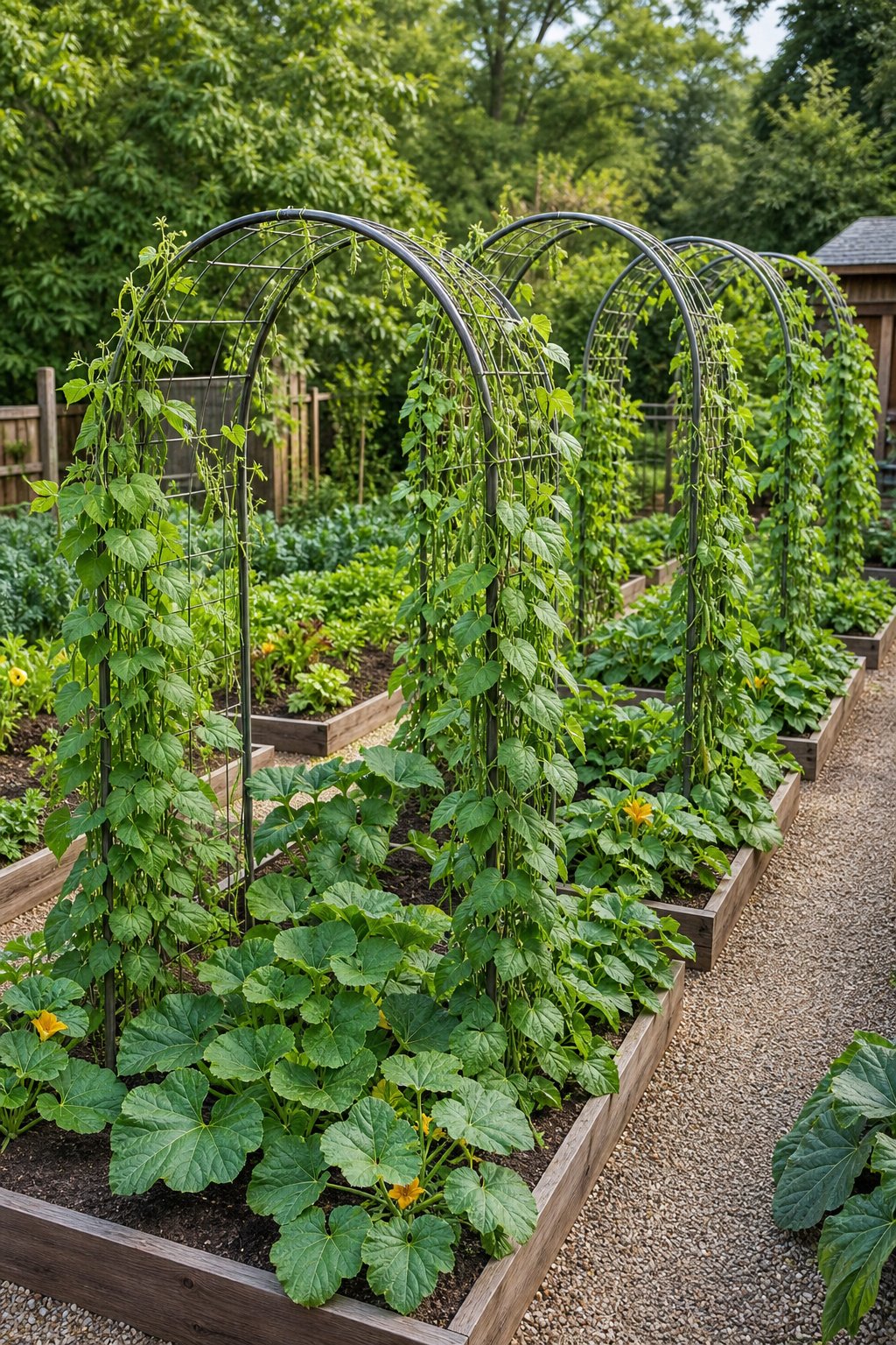 Arched trellises covered with bean vines beside squash plants in a tidy kitchen garden.